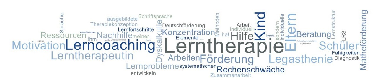 Wortwolke: Förderung, lernen, arbeiten, Nachhilfe, Dyskalkulie, Lese-Rechtschreibschwäche, Legasthenie/Dyslexie, Mathematik, Mathe Deutsch